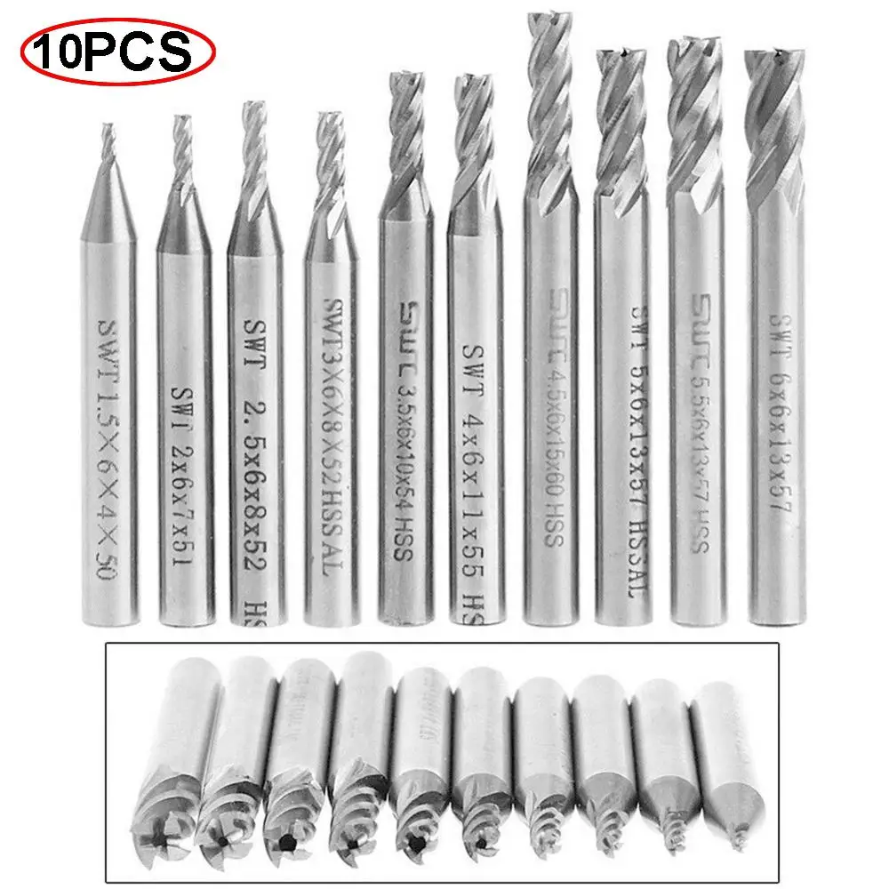 

10pcs/set 1.5-6mm HSS Straight Shank 4 Flute End Mill Cutter CNC Drill Bit Tool