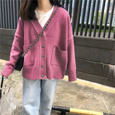 

Winter Women Loose Cardigan 2020 Fashion V-neck Long-sleeved Knitted Jumpers Female Pink Sweaters Korean Chic Coats Outwear Tops