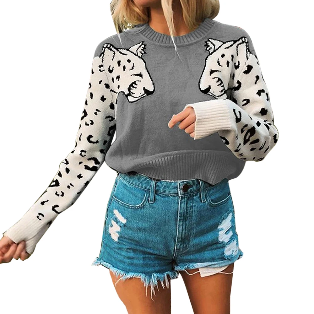 Осенний вязаный укороченный свитер для женщин с леопардовым узором, вязаный свитер с длинным рукавом, пуловеры, Женский Повседневный джемпер, топы