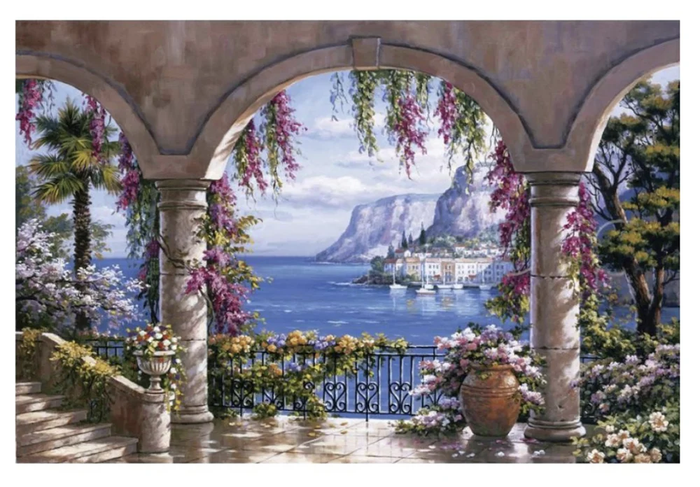 фотообои на стену. фрески апплико горы с лестницей. фреска райский сад. фреска аффреско арка море. панно из ткани горы.