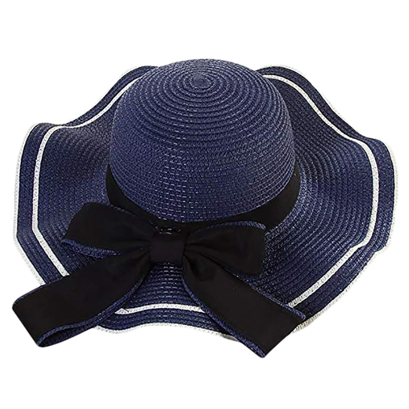 Женская модная большая соломенная шляпа Bowknot Floppy Складная сворачивающаяся УФ-защита пляжная шляпа от солнца пляжная кепка - Цвет: Navy