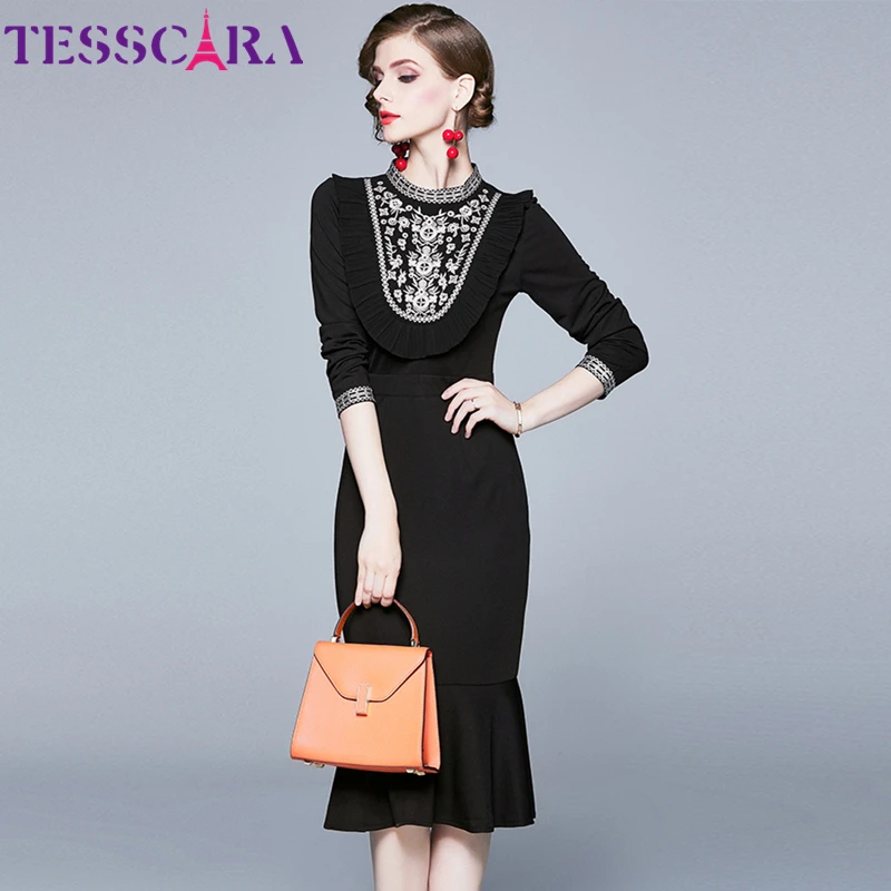 

TESSCARA Women Autumn Elegant Embroidery Dress Female Office Party Robe Femme Designer High Quality Vintage Trumpet Vestidos