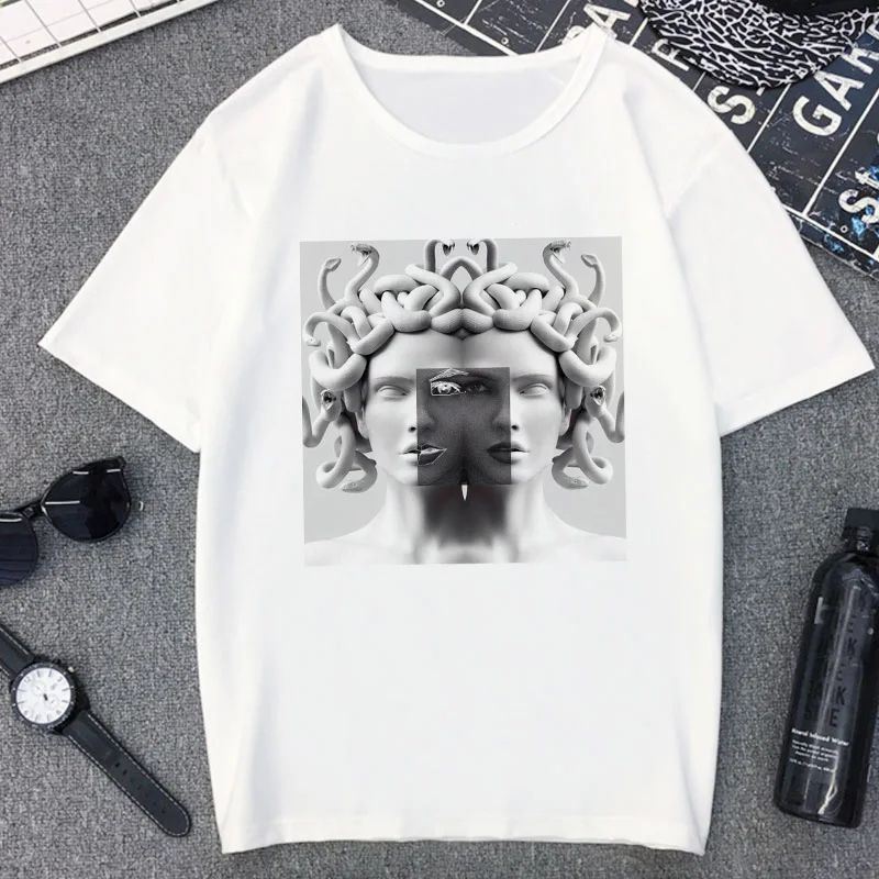Футболка с широким открытым отверстием в виде черепа и статуи Давида, женская модная футболка, летняя футболка Харадзюку, эстетическая белая футболка для женщин