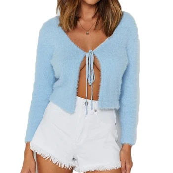 

Autumn Winter Woolen Cardigan Jacket Women Coats Double-sided Plush Women Winter Polyester V-Neck Coats Lace-up Top