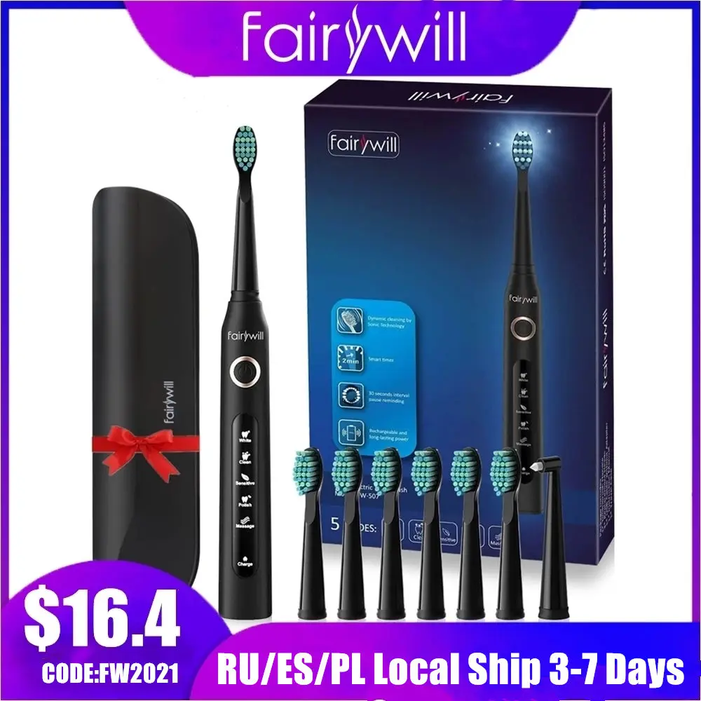 Fairywill – Brosse à dents électrique Sonic FW-507 rechargeable pour adulte,appareil électronique étanche à charge USB, 8 têtes de rechange,