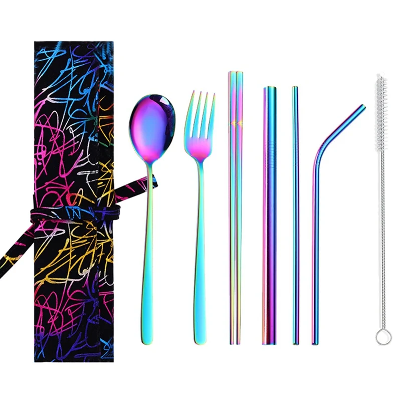 Bag for Travel Portable Cutlery Set Stainless Steel Cutlery Chopsticks Spoon Fork Reusable Straw and Portable Dinnerware