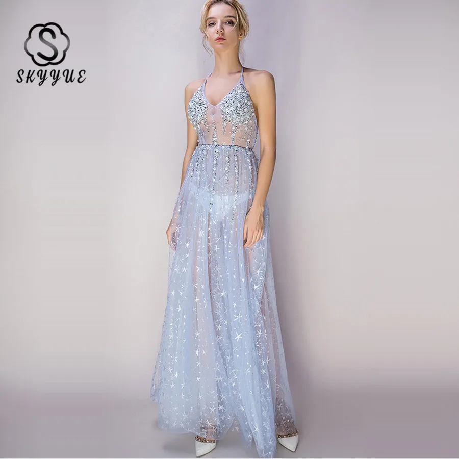 

Skyyue Evening Gown Halter Backless Robe De Soiree Bling Crystal Evening Dresses for Women 2019 Floor Length Formal Dress H070
