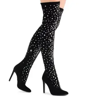 

New Woman Fashion Burgundy Black Blue Purple Velvet Drill Over The Knee Boots Bling Bling Pointed Toe Slip On Slim Long Boots