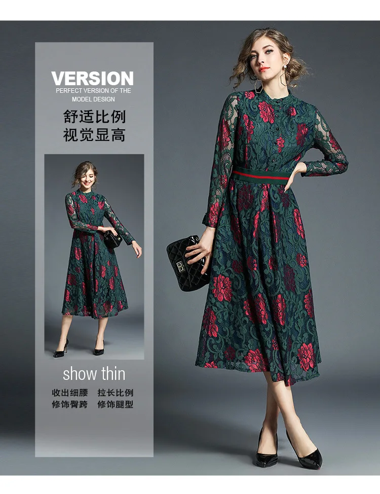 AliExpress, женское платье ранней весны, стиль, длинный рукав, средняя длина, высокая талия, кружевное платье, женская большая юбка