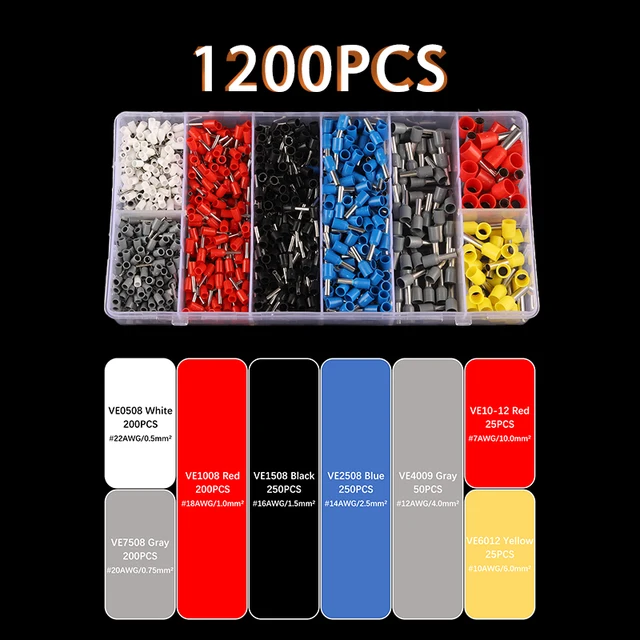 Boxed VE Series Insulated Terminal Block Cord End Crimping Sleeve Terminal Cable Wire Connector Electrical Tube Terminals Suit 1200PCS Boxed