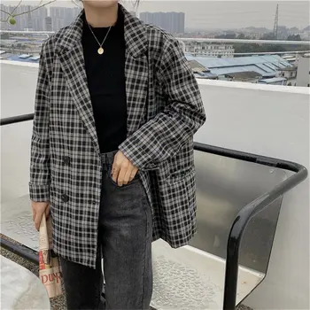 

HziriP Gentle Loose All Match Plaid Hot 2020 Streetwear OL New Geometric Women Color-Hit Leisure Retro Girl Fashion Chic Blazers