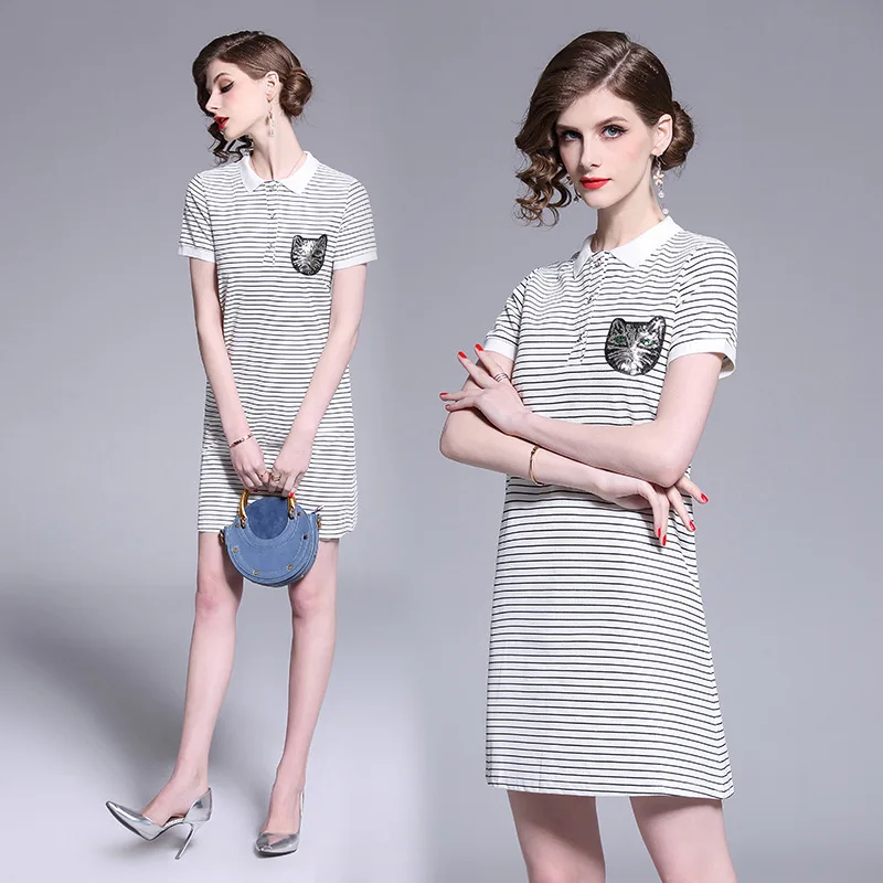 

2019 Spring Clothing European Goods New Style Fold-down Collar Versatile Cat Embroidered Stripes Polo Casual Elegant T-shirt Dre