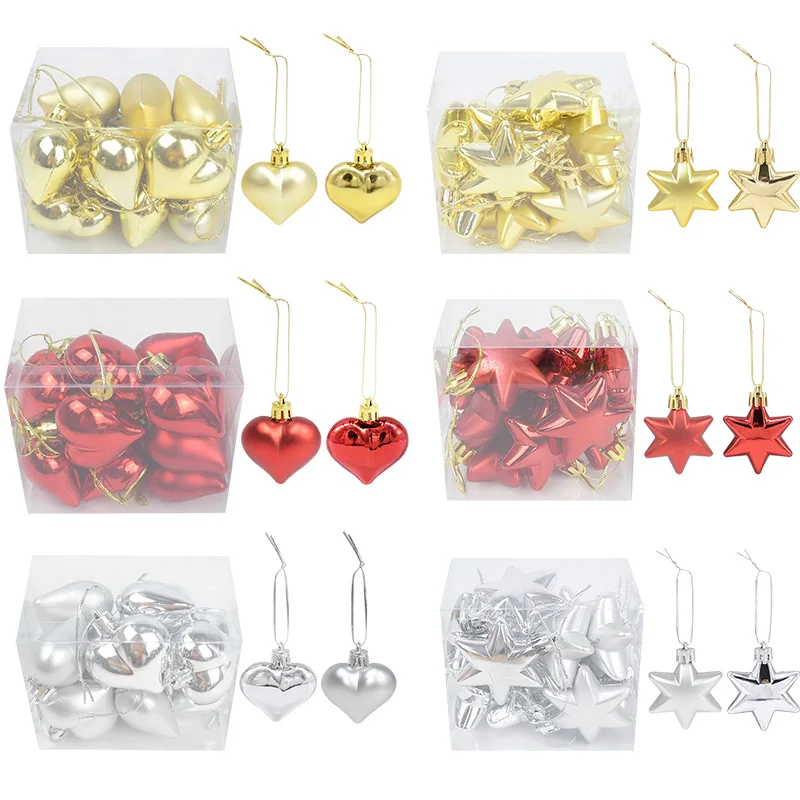 12pcs/lot Glitter Heart Star Pendant Christmas Tree Hanging Accessories Home Decorations DIY Christmas Festival Party Ornament christmas decorations