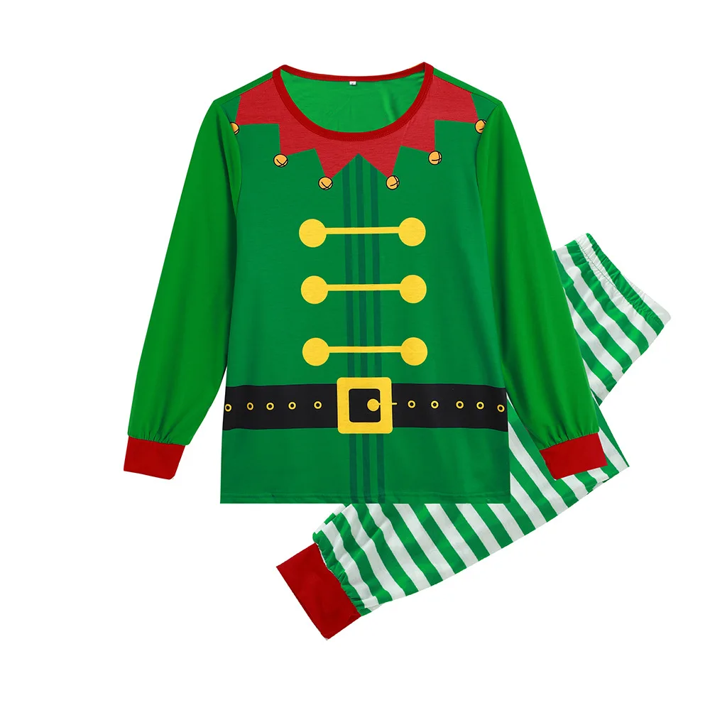 Забавные зеленые топы с круглым вырезом и длинными рукавами, полосатые штаны с принтом, Семейные пижамы, повседневные рождественские пижамные комплекты