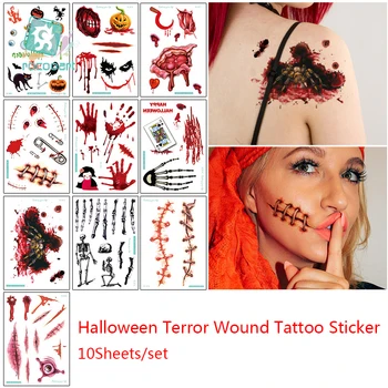 

10 Sheets Halloween Waterproof Temporary Tattoos For Lady Women 3d Reality Vampire Blood Scar Design Tattoo Sticker