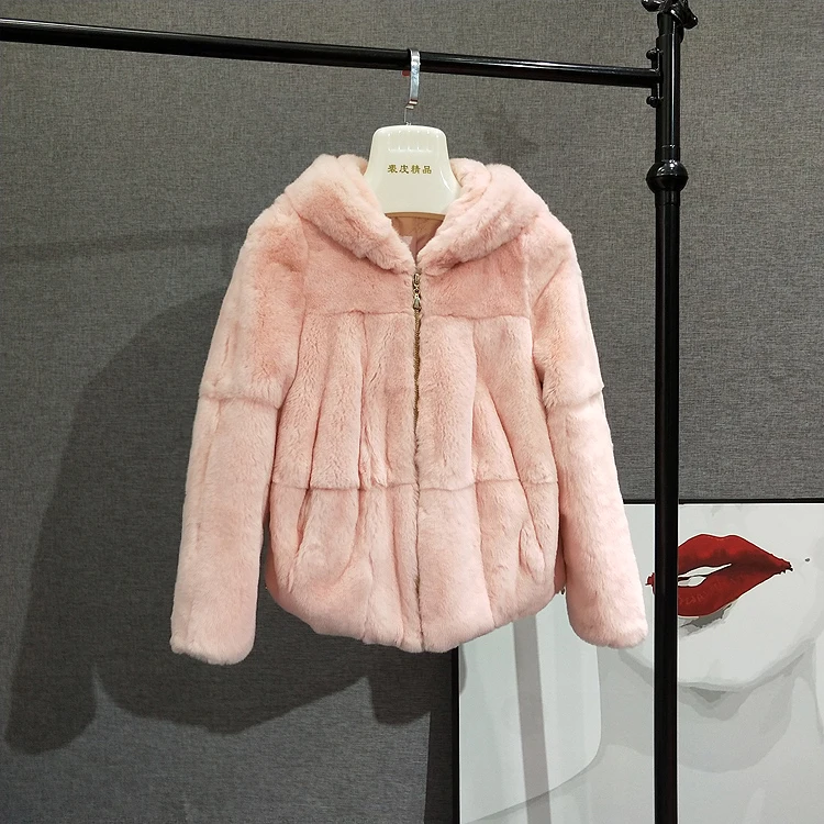 pink Новинка, женское меховое пальто, настоящая Меховая куртка с мехом кролика рекс с капюшоном, Женское пальто из овчины с меховым воротником, женские куртки, верхняя одежда - Цвет: pink