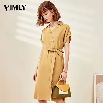 

Vimly Solid V Neck Summer Simple Dresses Women Casual A Line High Waist Dresses Elegant Ladies Fashion Yellow Green Wear Dresses