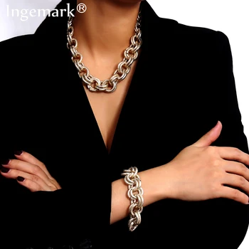 

Hip Hop Punk Cuban Big Chunky Chain Necklace Bracelet NE+BA Steampunk Men Gothic Lock Twisted Choker for Best Women Jewelry Set