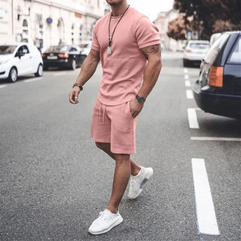 2021 Oversized Summer Men Casual Shorts Sets Solid Short Sleeve T Shirt Shorts Male Tracksuit Set Mens Brand Clothing 2Pcs Sets men s sets two piece clothes t shirts and pants men winter fashion patchwork streetwear fitness male tracksuit 2021 korean style