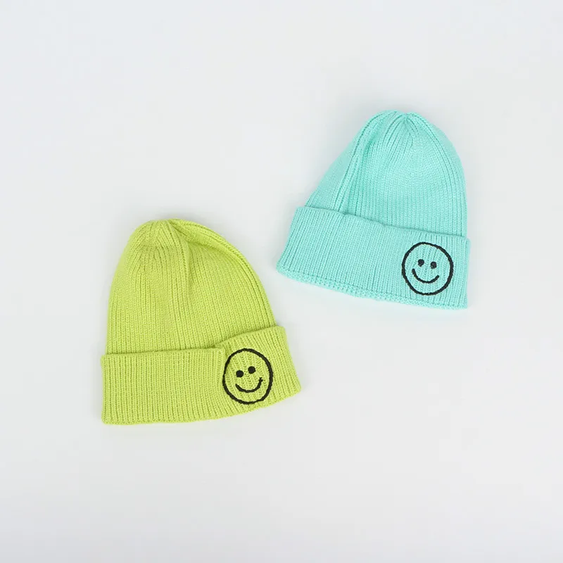Children Candy Color Hat Winter Kids Knitted Hat Smile Face Solid Cap Ear Flap Beanie Crochet Baby Boys Clothes Girls Warm Hats