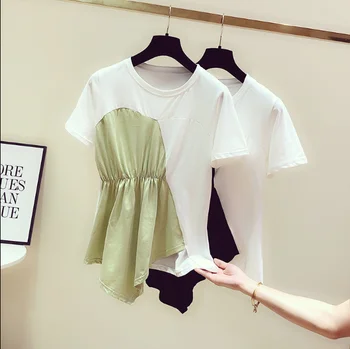 

White and Black Tshirt for Woman Irregular Joint Contrast Color Slim Waist Short Sleeve T-shirt 2020 Women's Summer Tee Tops