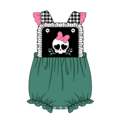 Vêtements d'été pour filles, barboteuse sans manches en dentelle blanche, noir et blanc, nœud rose, motif brodé de crâne, barboteuse pour bébés 