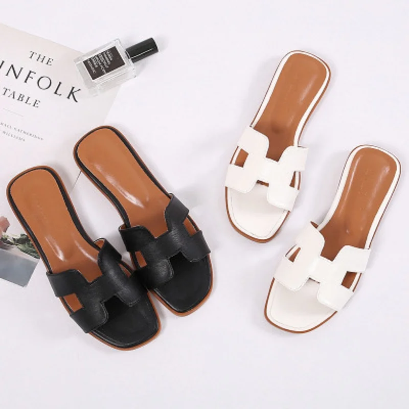 Zapatillas de piel sintética con punta cuadrada para mujer, Sandalias planas de talla grande 43