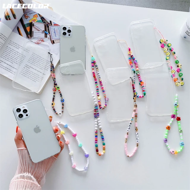 Colorful Beads Strap Hang Phone Charm Clear Cases For iPhone 13 12