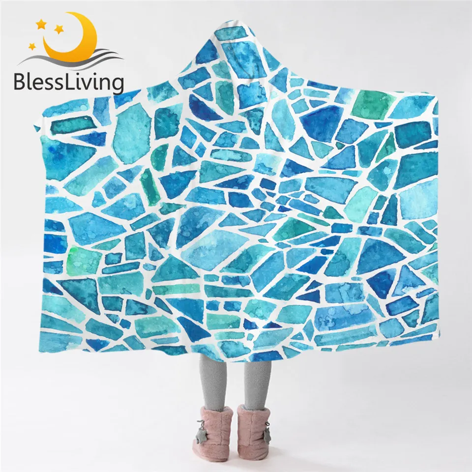 

BlessLiving Blue Stone Hooded Blanket Watercolor Microfiber Sherpa Blanket Geometric Soft Wearable Blanket Hoody Mosaic Mantas