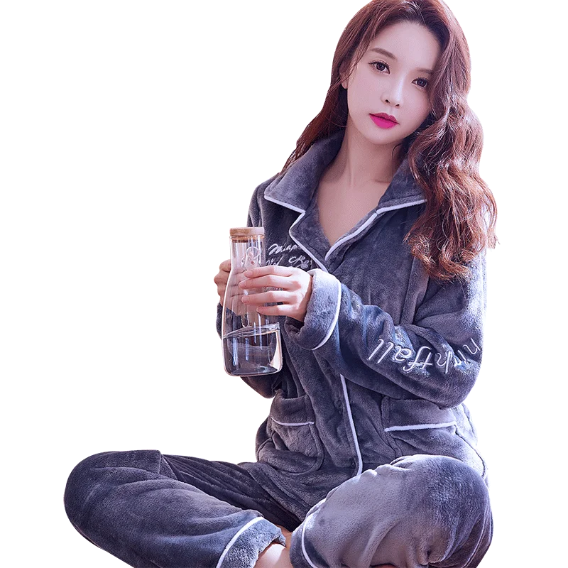 

H5858 Coral Fleece Women Pajamas Suit Thick Plus Velvet Winter Long Sleeve Lapel Nightwear Female Flannel Comfortable Sleepwear
