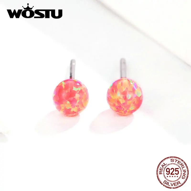 WOSTU Новое поступление 925 пробы серебряные круглые серьги-гвоздики для женщин Свадебные опал цветные маленькие серьги ювелирные изделия CQE752