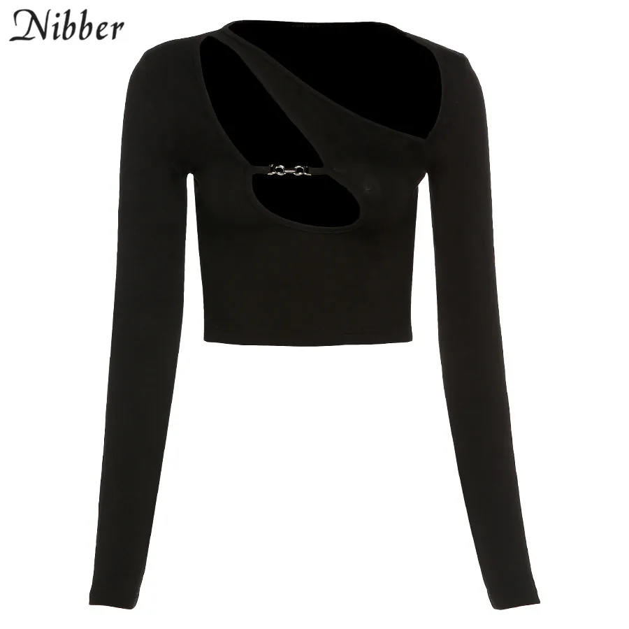 Nibber Hollow Out Crop Top Y2K Punk Tee Shirts For Women Asymmetrical Gothic Streetwear 2021 Spring Sexy Skinny Club Clothes Top