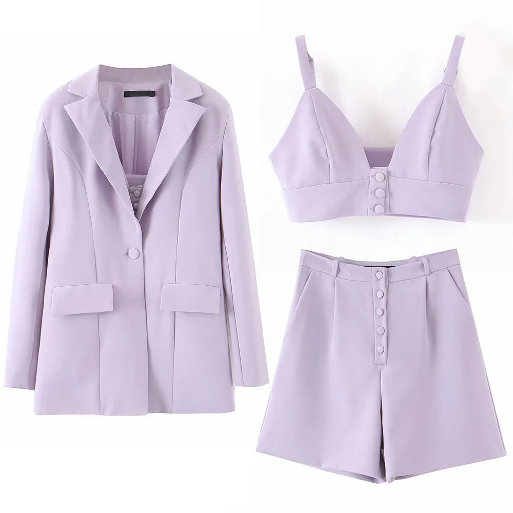 ANSFX Stylish Lavender Boyfriend One Button Blazer Pockets Notched Collar Long Suit Coat Outerwear Tank Top Shorts 3 Pieces Sets - Цвет: 3 Pieces Sets