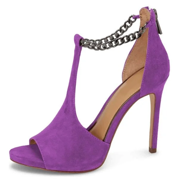 

Sandals Gladiator Purple Open Toe Suede Sandals Chain Suede Women T Strap Sandals Stiletto Heel Sandalian Party Dress Shoes