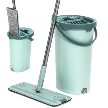 

Spray Flat Squeeze Floor Mop with Bucket Reusable Microfiber Pads Hand Free Wringing Wet Dry House Cleaning Lazy Mops