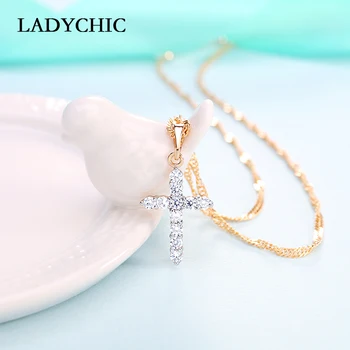 

LADYCHIC Cute Cross Charm Necklace with Clear Zircon Crystal Elements Pendant Women's Round Gold Color Cross Jewelry Gift LN1077