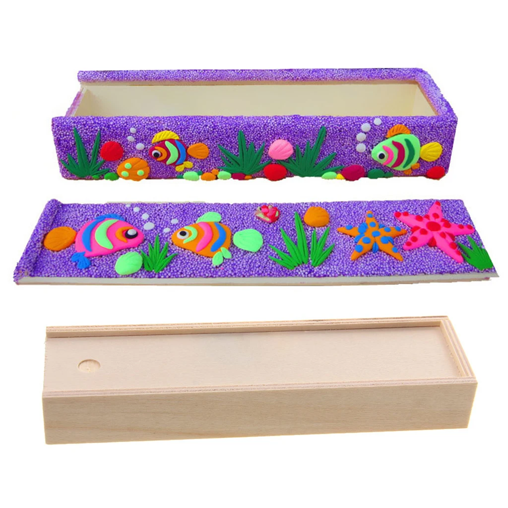 Natural Unfinished Wood Storage Box Rectangle Pencil Case for DIY Art Craft