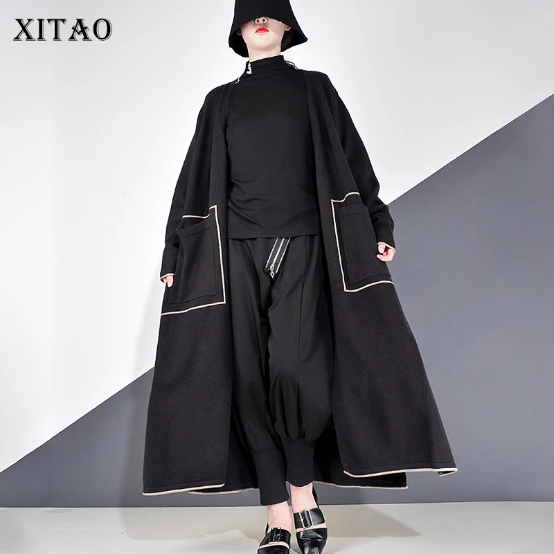 XITAO Pacthwork Striped Knitted Trench Streetwear