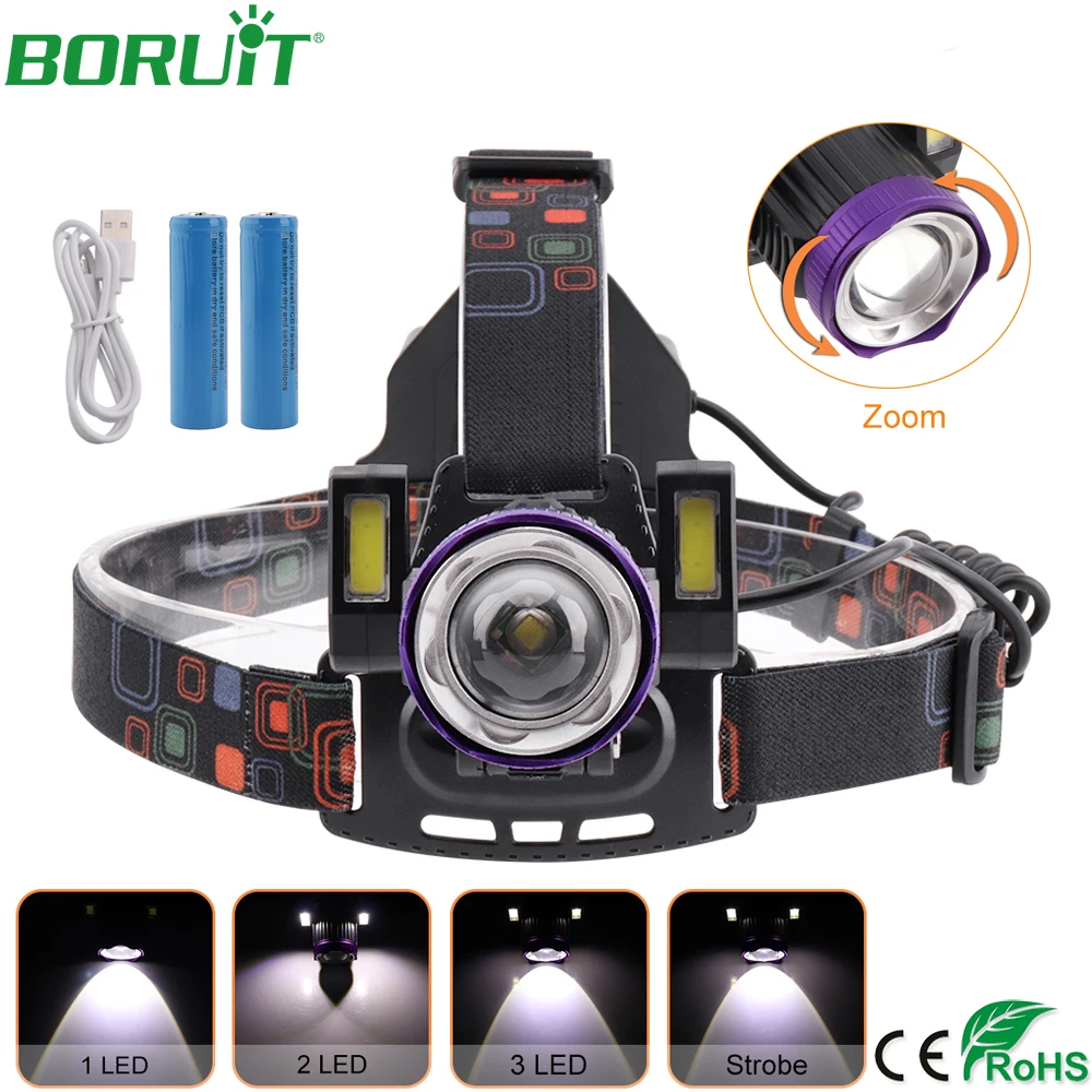 BORUiT T6 светодиодный налобный фонарь с масштабируемой зарядкой от USB