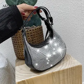 

Women Casual Messenger Handbag Rhinestone Shoulder Bag Classic Texture Creative Design Chic Shiny PU Splicing Purse