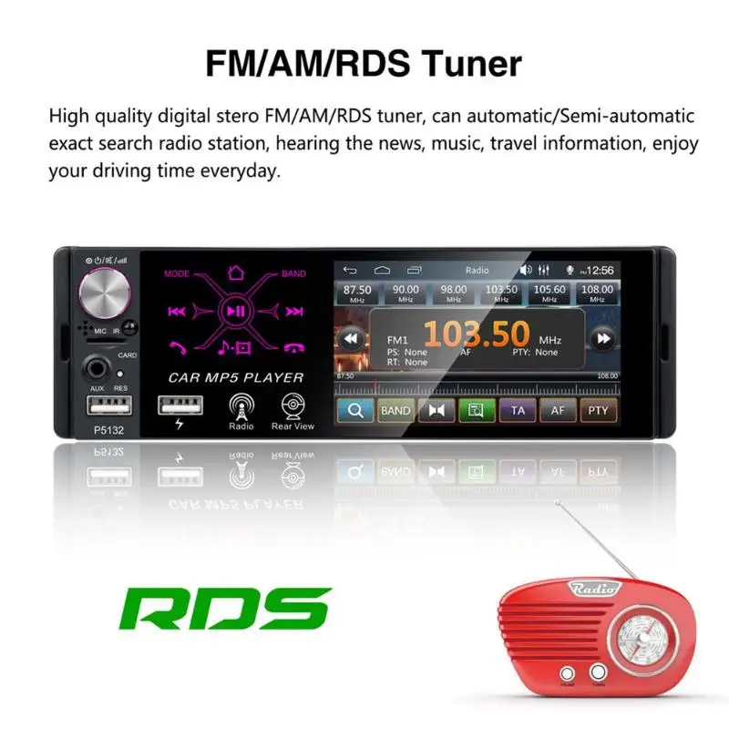 P5132 1 Din сенсорный экран 4,1 дюймов Автомобильный стерео аудио AM FM RDS радио BT головное устройство TF слот для карт Максимальная поддержка 128 ГБ Bluetooth