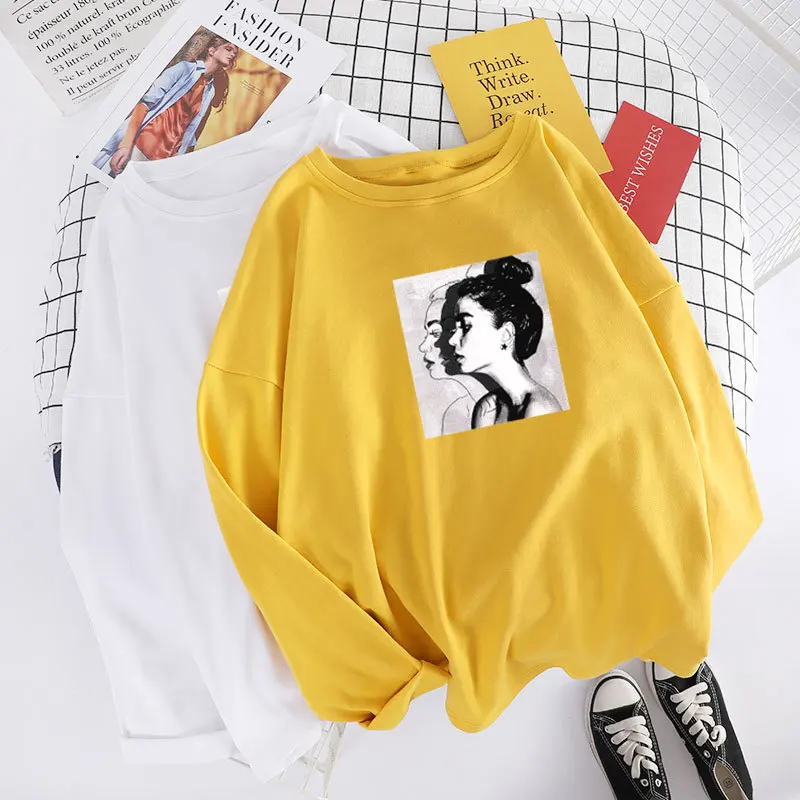 Корейский стиль одежды Женская Футболка Harajuku Friends Graphic Tee Женский, с длинным рукавом Осень Плюс Размер Женская одежда хлопок