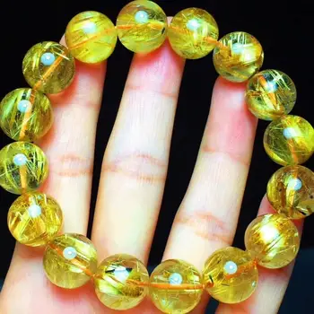 

Genuine Natural Brazil Gold Rutilated Titanium Quartz Bracelet Woman Man 13.3mm Wealthy Clear Round Beads Crystal Charms AAAAAA