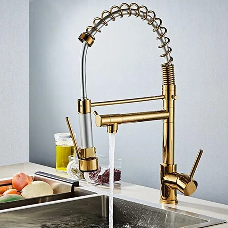 

LASO flexible kitchen tap gold-plated multi-functional spring dish faucet all copper hot and cold rotary pull kitchen faucet