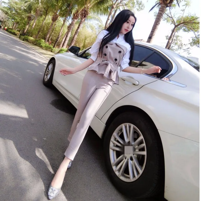 

Early Autumn New Style Fashion Elegant Set Two-Piece Women's Graceful Mock Two-Piece Shirt + Slimming Skinny Pants Women's Fashi
