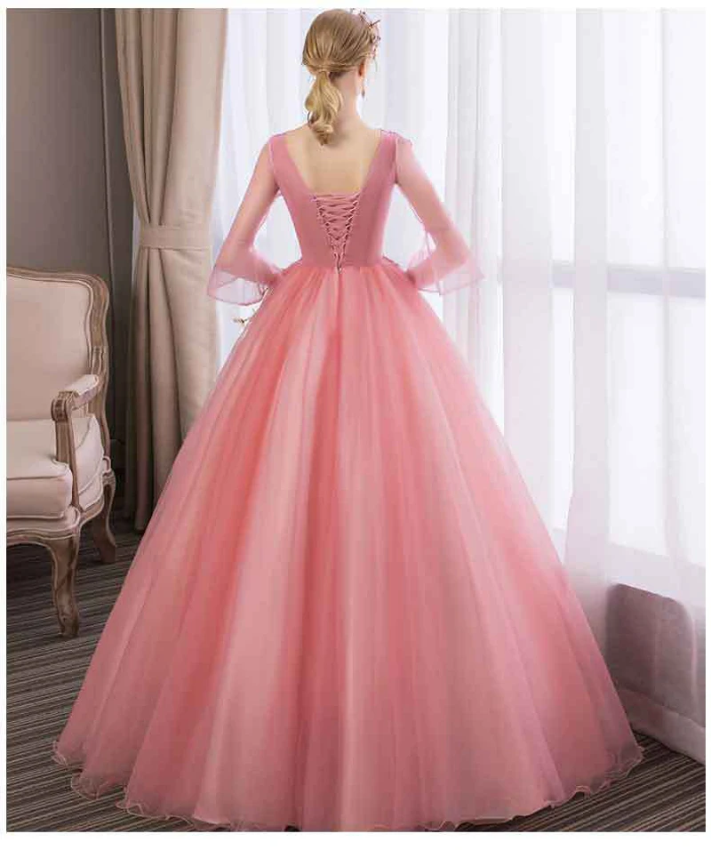 Robe De Soiree Новое Элегантное кружевное бальное платье с коротким рукавом и v-образным вырезом, Цветочная аппликация, фатиновое бальное платье, бальные платья
