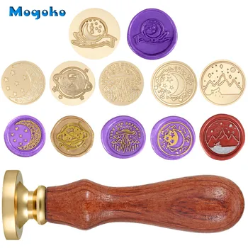 

Mogoko Galaxy Series Sealing Wax Stamps Retro Wood Classic Wax Seal Stamp Cards Envelope Decor Moon and Star Hourglass Mountain
