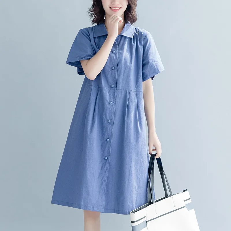 

2019 Summer New Style Loose And Plus-sized WOMEN'S Dress Shirt Solid Color Short Sleeve Single Breasted Mid-length Dress