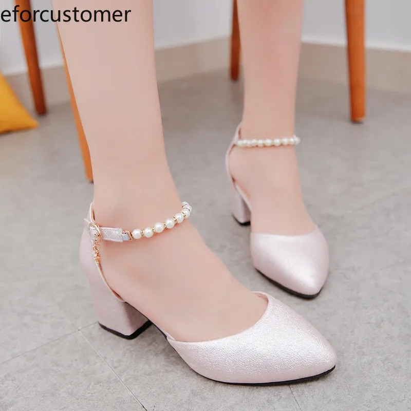 

Womens Summer Heeled Sandals Block Chunky Ankle Strap Pointed Toe Buckle Rhinestones Pearl Sexy Classic Simple Leisure Dress