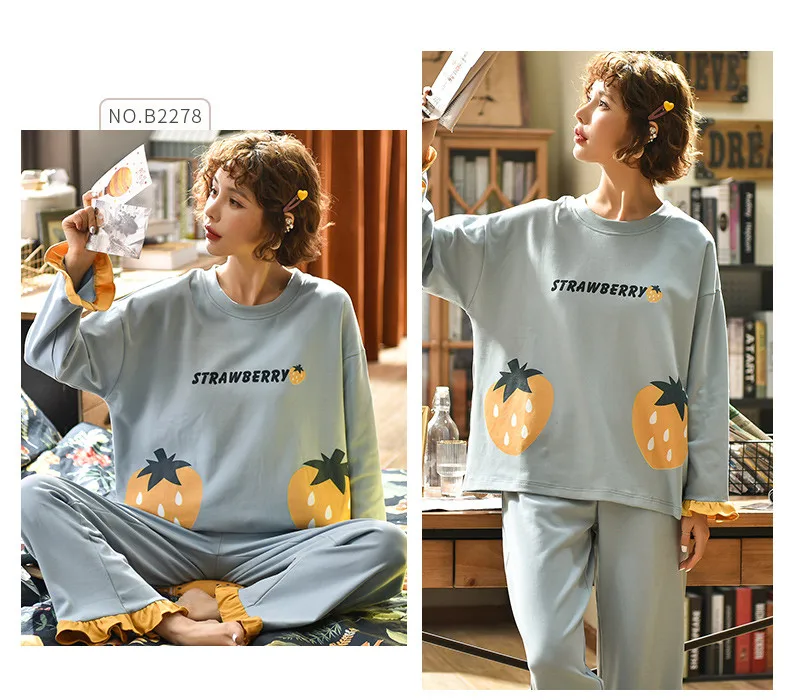 Loungewear женский пижамный комплект с длинными рукавами, гофрированная манжета, брюки, Хлопковая пижама, принт клубники, пижамы, Осенний женский пижамный комплект